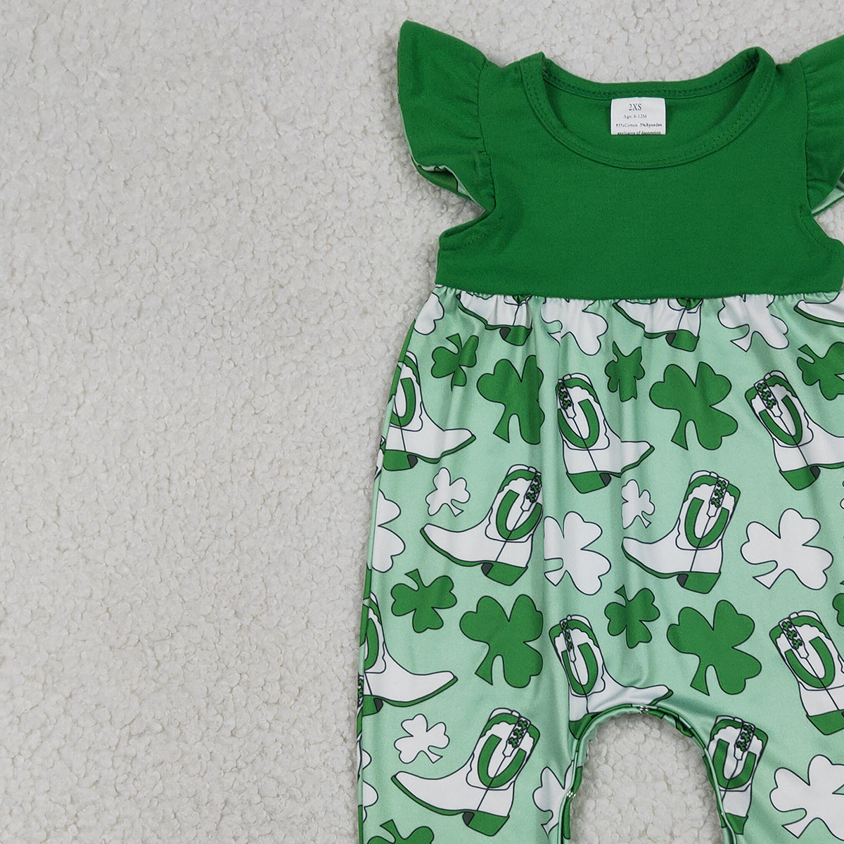 1.9 RTS NO MOQ （In stock）SR3783 Baby Girls Flutter Sleeve Clovers Boots St Patrick Rompers