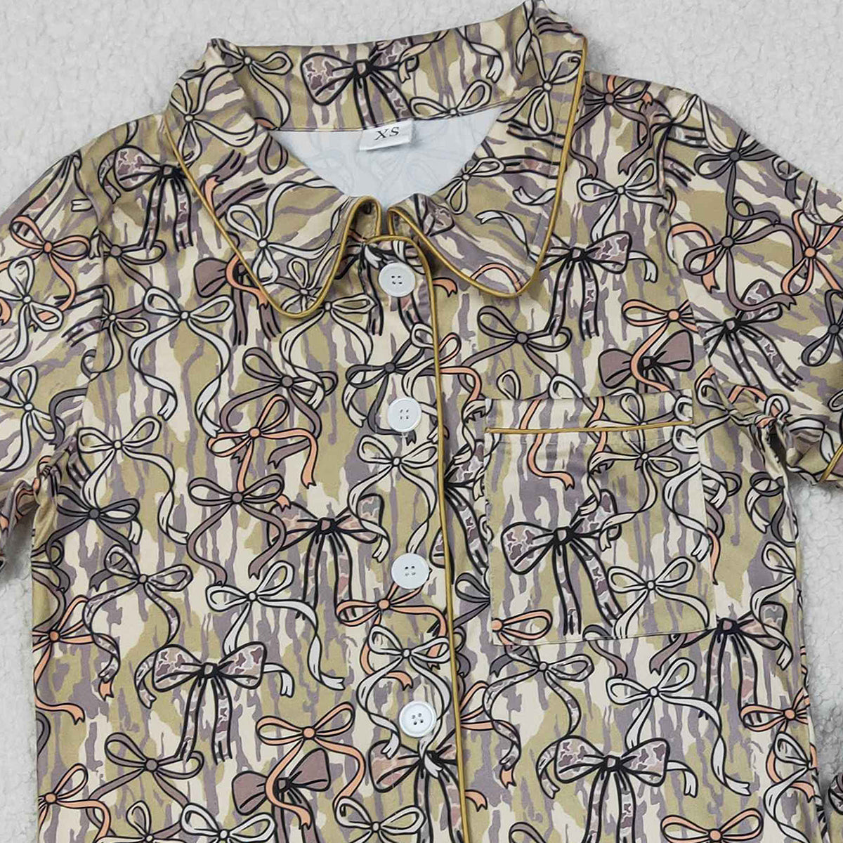 2.7 RTS NO MOQ （In stock）GSSO3166 Adult Women Southern Olive Camo Bows Button Pocket Top Ruffle Shorts P