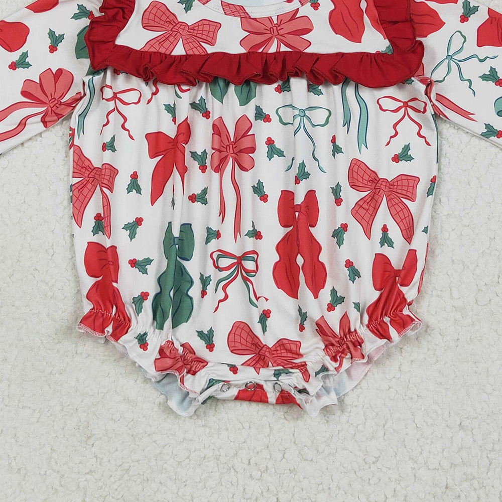8.14 LR2209RTS NO MOQ Baby Girls Winter Rompers Baby Girls Long Sleeves Red Green Bows Ruffle Rompers