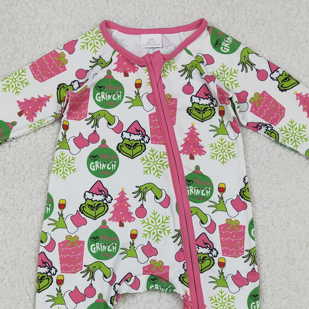 RTS NO MOQ （In stock）LR2588 Baby Girls Winter Rompers Green Face Gifts Christmas Zipper Footie Rompers