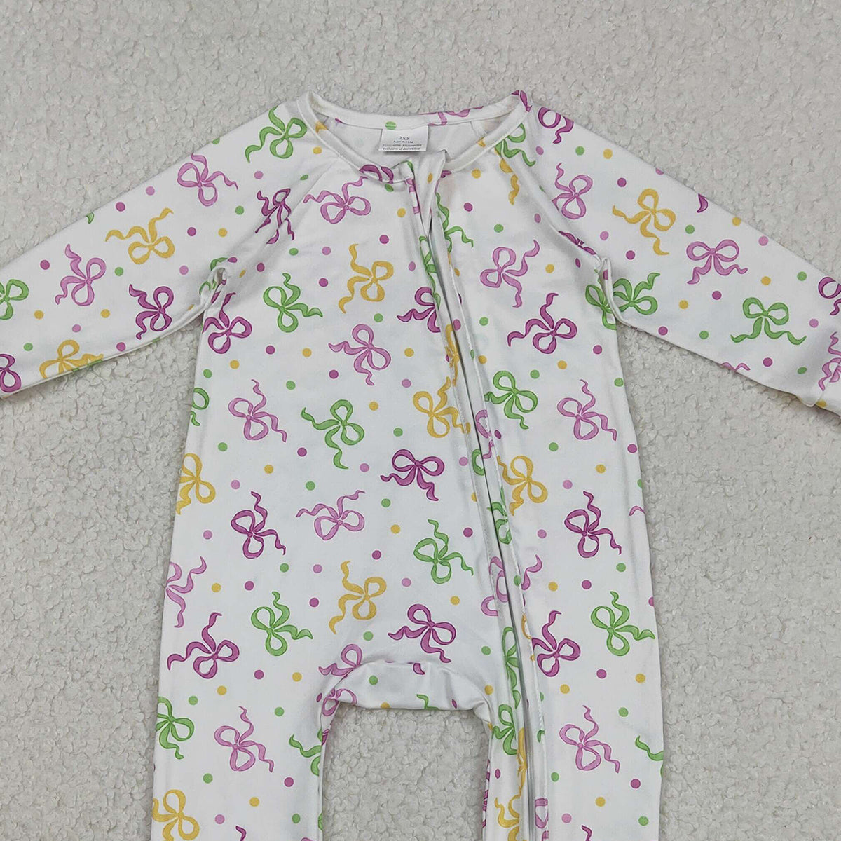 12.2 RTS NO MOQ （In stock）LR2735 Baby Girls Winter Rompers Baby Girls Mardigras Bows Polka Dots Two Way Zip Convertible Rompers