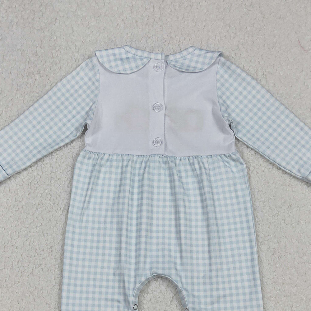 RTS NO MOQ （In stock）LR2560Baby Girls Winter Rompers Embroidery Pumpkins Blue Plaid Fall Footed Rompers