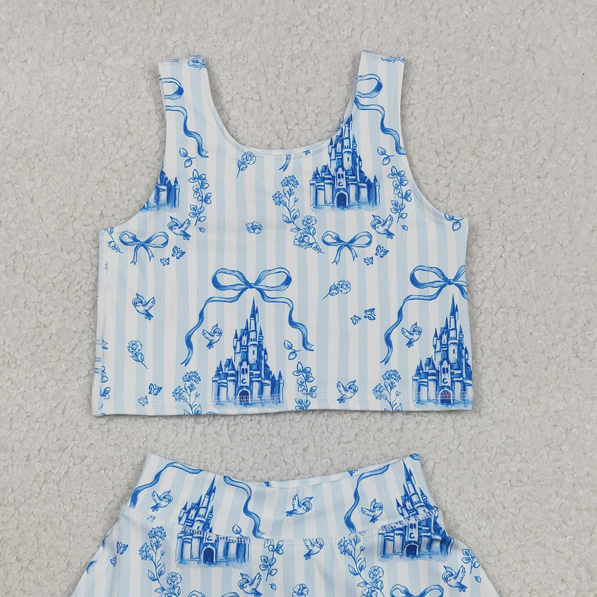12.13 RTS NO MOQ （In stock）GSD3067 Baby Girls Blue Castles Bows Top Skirt Shorts Yoga Active Clothes Set