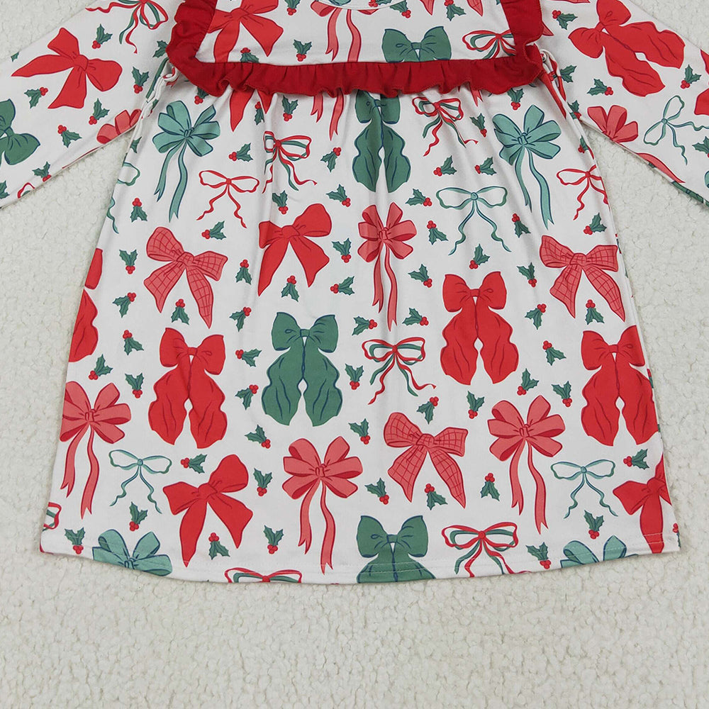 GLD1046 RTS NO MOQ Baby Girls Winter Dress Baby Girls Long Ruffle Sleeves Red Green Bows Knee Length Dresses