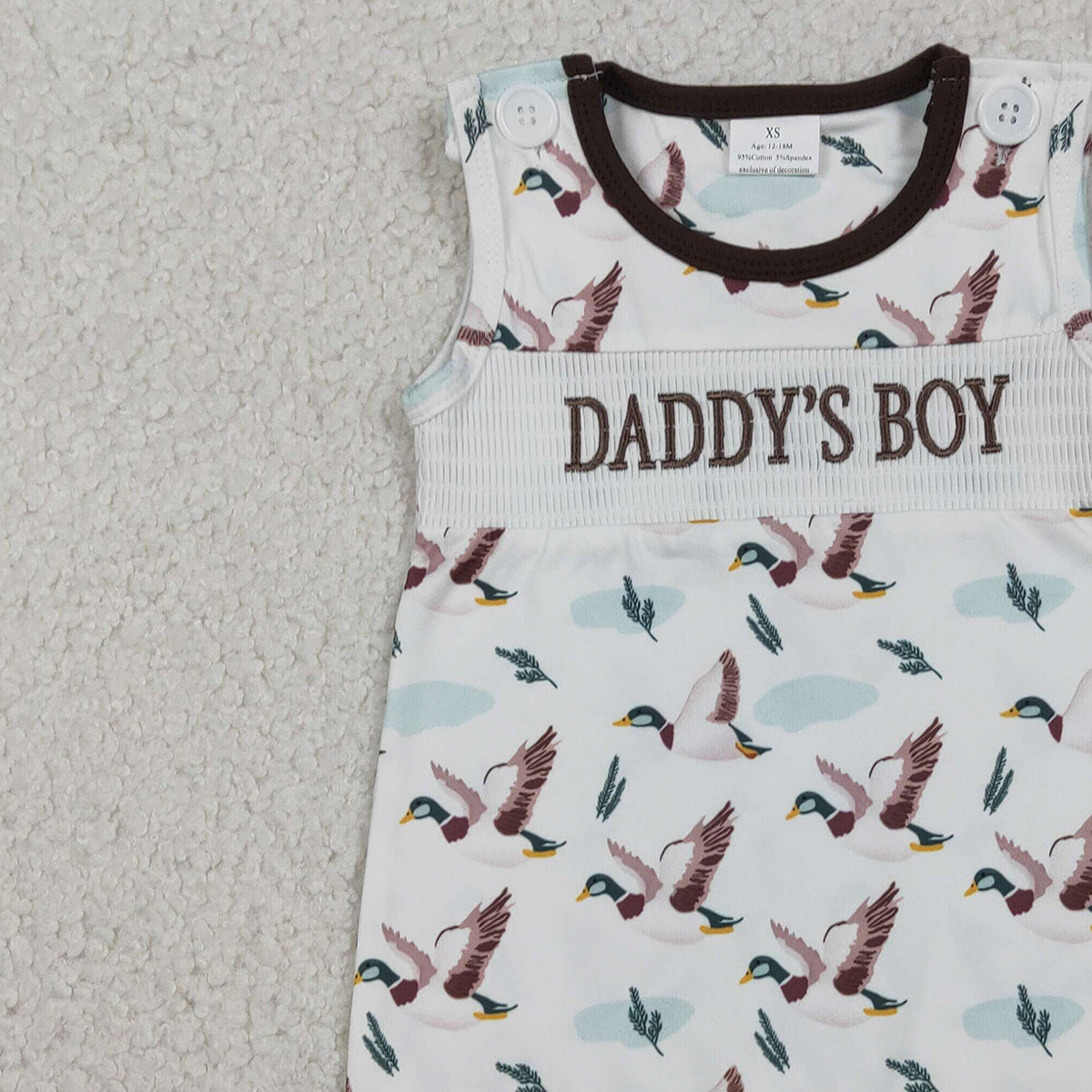 12.18 RTS NO MOQ （In stock）SR3347 Baby Boys Rompers Smocked Daddy's Boy Baby Sleeveless Ducks Hunting Short Rompers