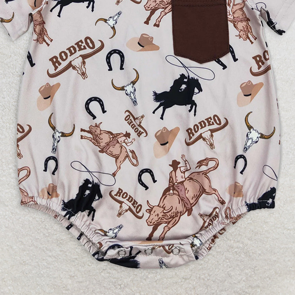 8.25 SR1358RTS NO MOQ Baby Boys Summer Romper rodeo riding brown pocket short sleeve jumpsuit