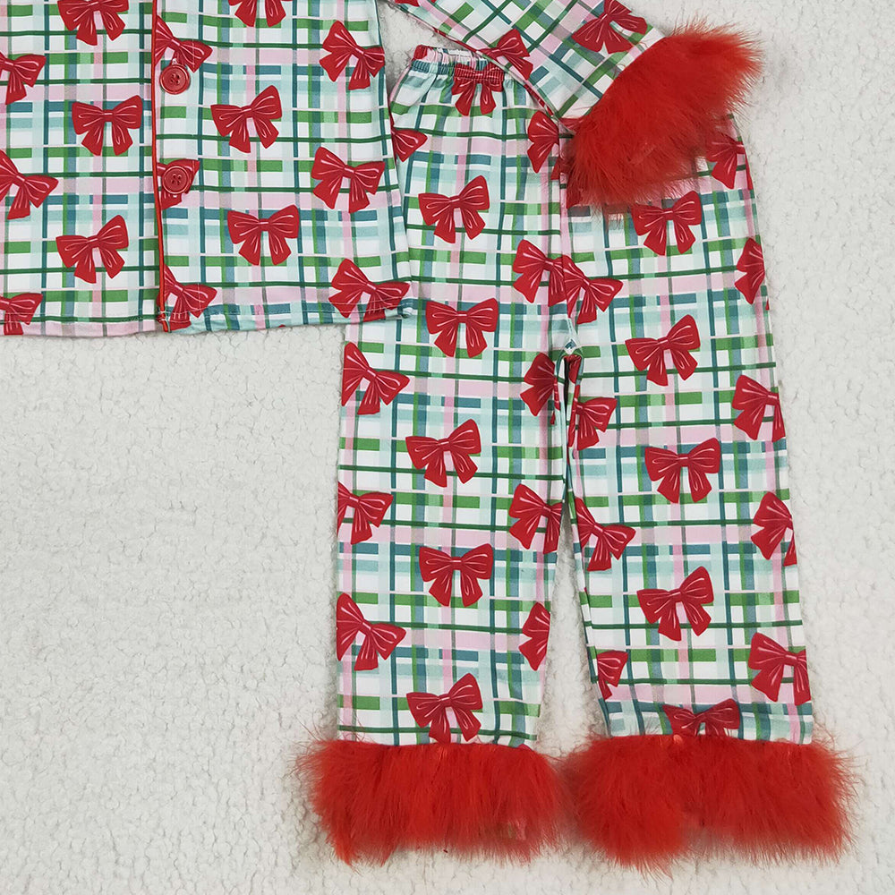 8.18 RTS NO MOQ （In stock） GLP2372 Baby Girls Winter Outfits Baby Girls Red Long Sleeves With Fur Bows Plaid Button Top Pants Pajamas Set