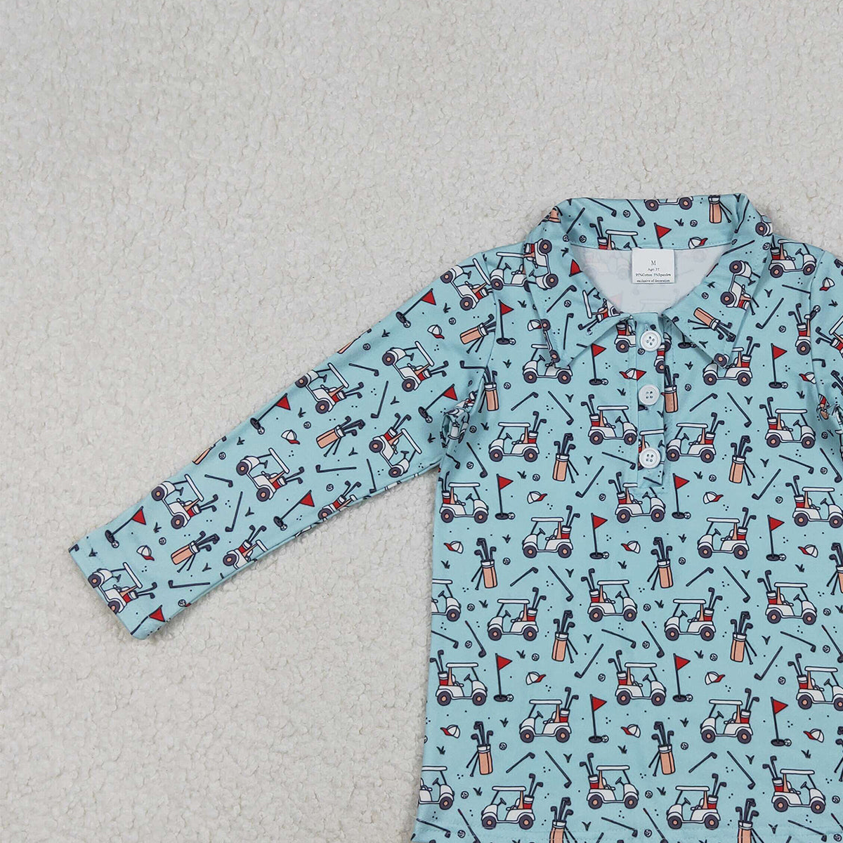 10.28 RTS NO MOQ （In stock）BT1404 Baby Boys Blue Long Sleeve Golf Trucks Button Polo Shirts Top