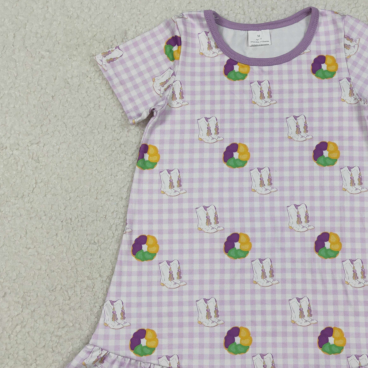 12.10 RTS NO MOQ （In stock）GSD2900 Baby Girls Mardigras Boots Donuts Checked Ruffle Knee Length Dresses