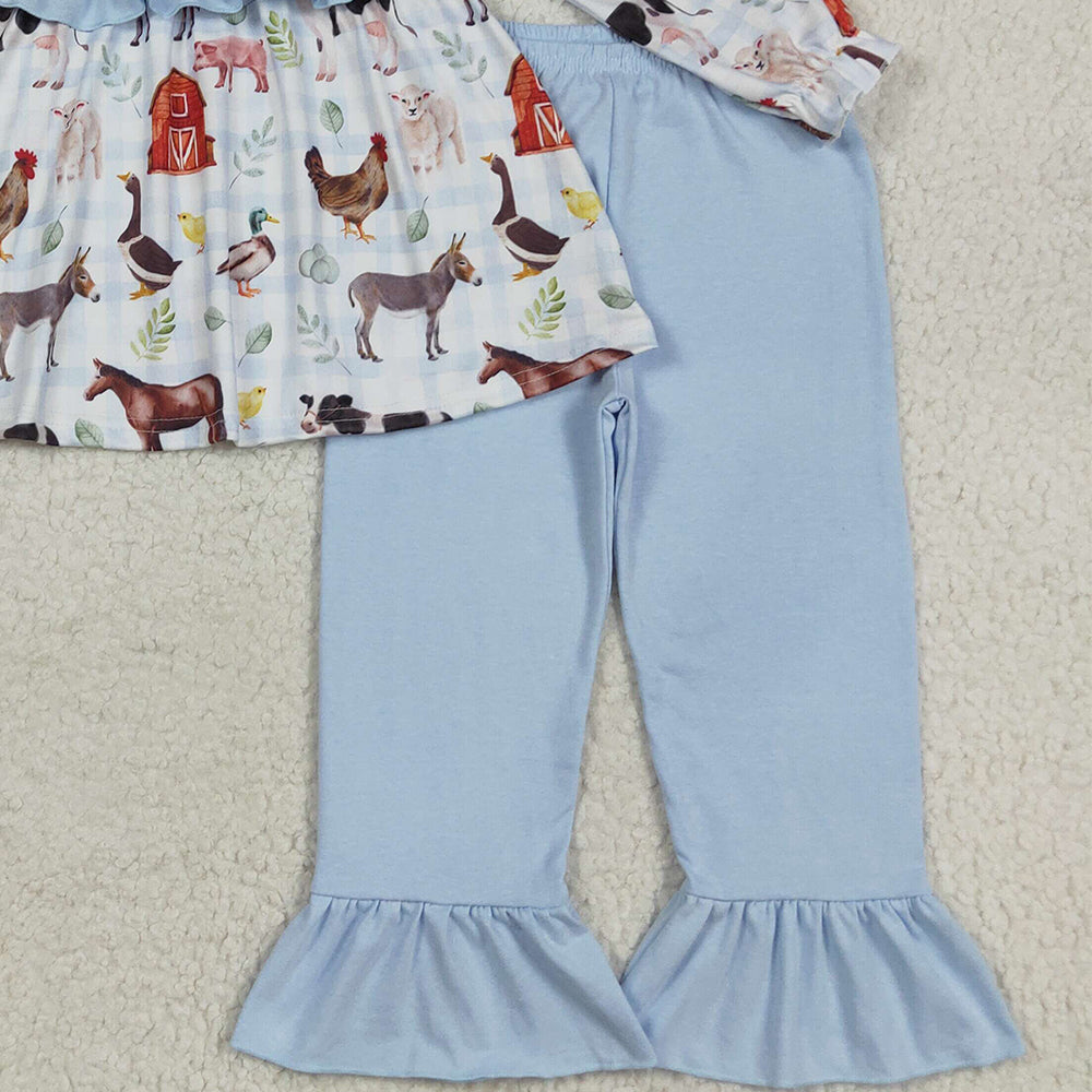 RTS NO MOQ （In stock） GLP2536 Baby Girls Winter Outfits Baby Girls Long Ruffle Sleeves House Chicks Tunic Pant Farm Sets
