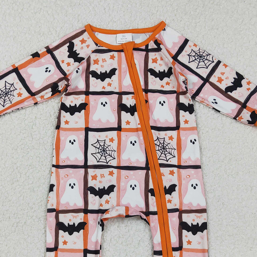 RTS NO MOQ （In stock）LR2539 Baby Boys Winter Rompers Ghosts Bats Halloween Zippered Footie Rompers for Infants Comfortable Spooky Costume Onesie