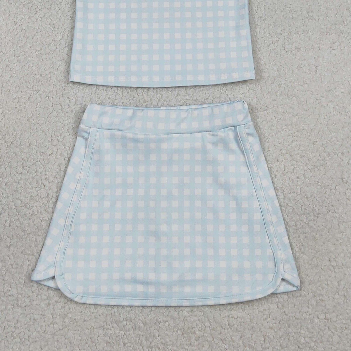 1.17 RTS NO MOQ （In stock）GSD3375 Baby Girls Light Blue Checked Button Collar Top Skirt Shorts Yoga Active Clothes Sets