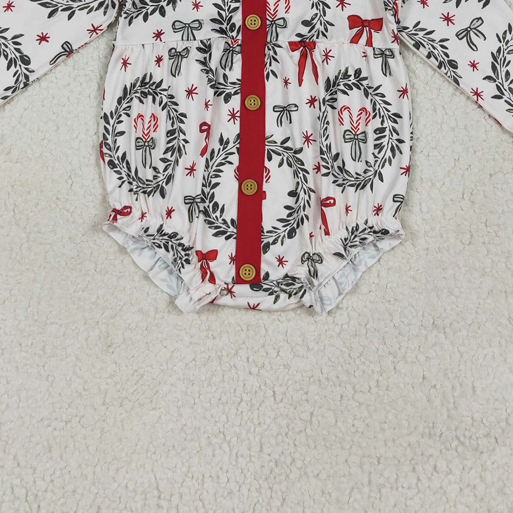 RTS NO MOQ （In stock）LR2252 Baby Girls Winter Rompers Baby Girls Christmas Red Green Bows Button Ruffle Rompers