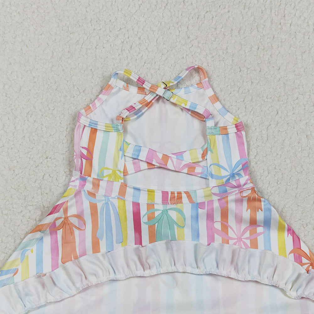 6.18 GSD2288RTS NO MOQ Baby Girls Summer Yoga Dress Baby Girls Strap Colorful Bows Stripe Yoga Ruffle Knee Length Dresses