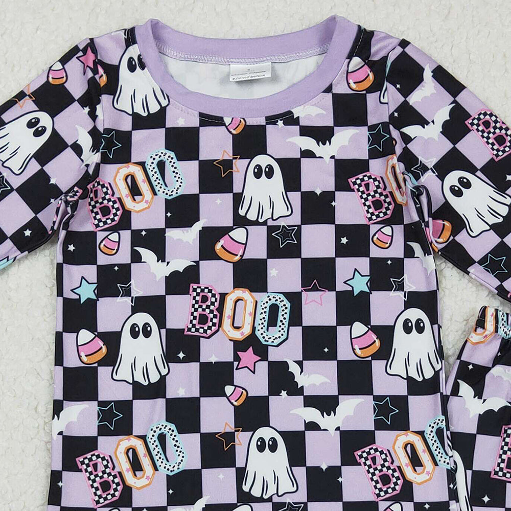 RTS NO MOQ （In stock）GLP2684 Baby Girls Winter Outfits Lavender Plaid Octopus Bowtie Baby Girls' Halloween Pajamas Short Sleeve Top And Pants Set