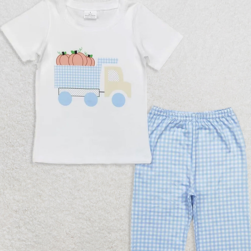 BSPO0398RTS NO MOQ Baby Boys Spring Outfits  Baby Boys Short Sleeve Pumpkin Tractor Top Pants Clothes Sets