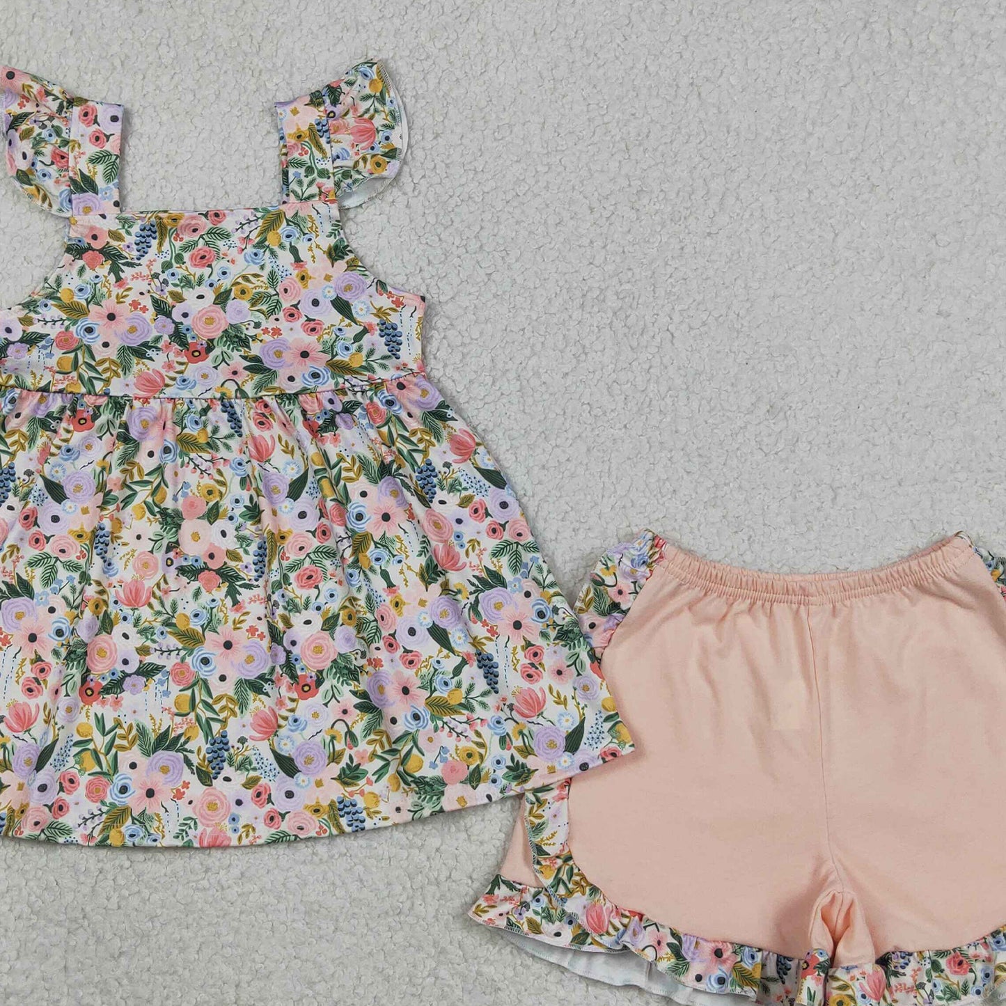 GSSO2180 RTS NO MOQ （In stock ）Flutter sleeves floral tunic ruffle shorts girls clothing