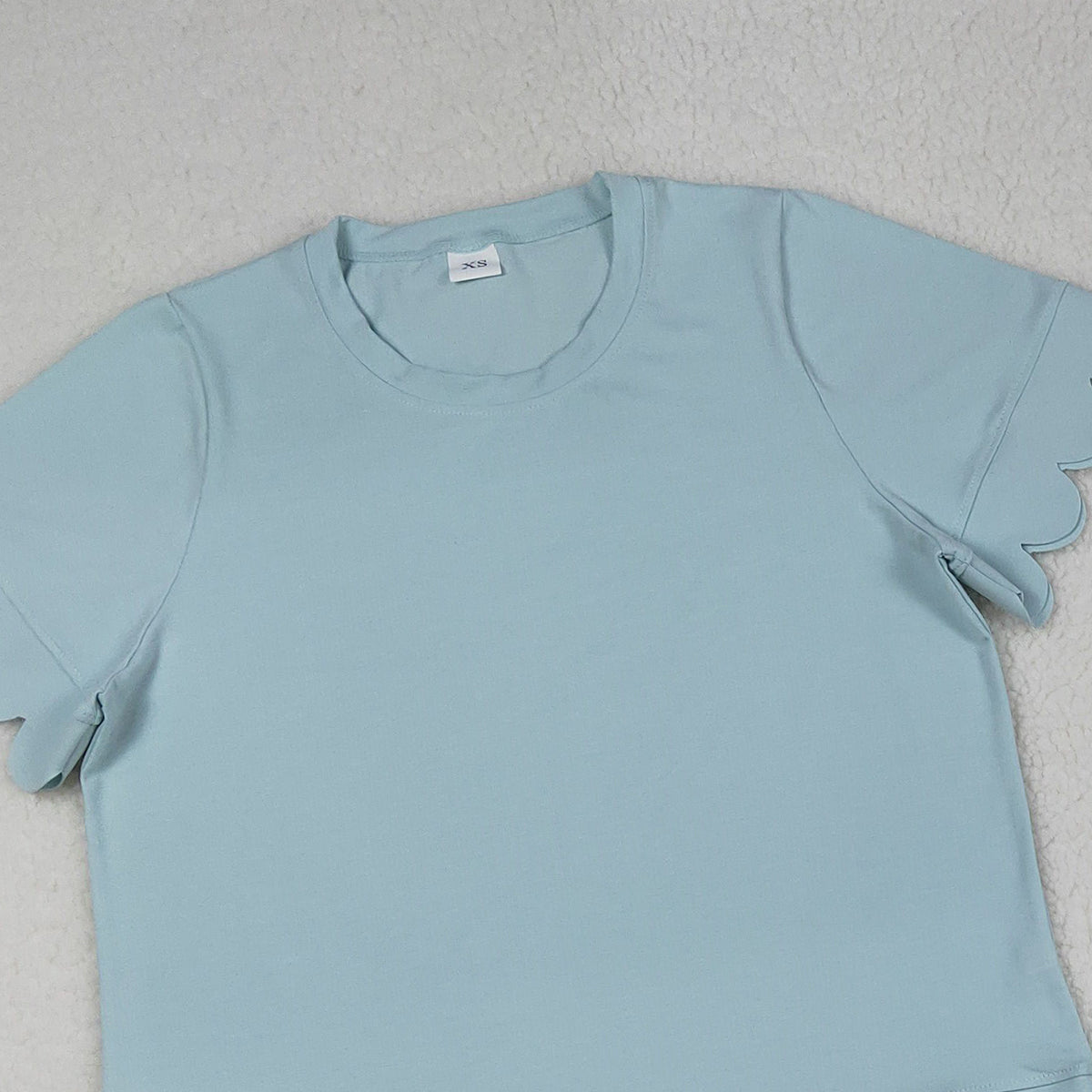 3.18 RTS NO MOQ （In stock）GSSO3202 Adult Women Summer Light Blue Shirts Top Scallop Short Clothes Sets