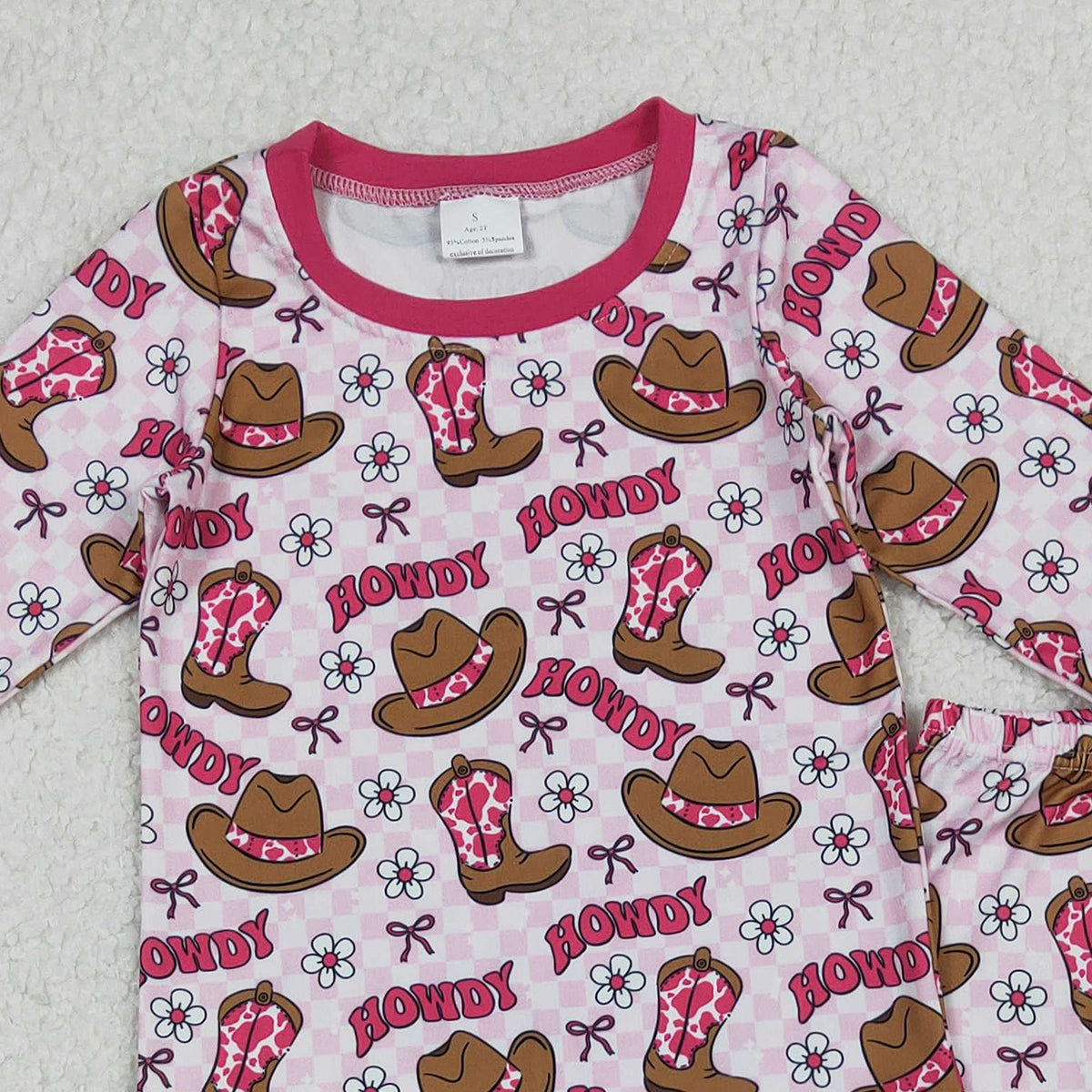 11.3 RTS NO MOQ （In stock）GLP2664 Baby Girls Pink Checked Flowers Howdy Top Pant Western Pajamas Sets