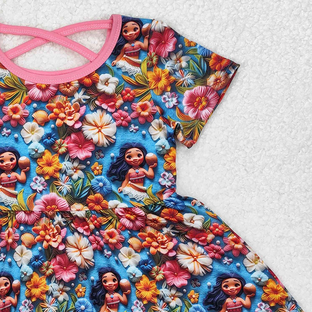 GSD1785Blue Floral Princess Baby Girls Dress Short Sleeves Cute Children's Clothing for Little Girls