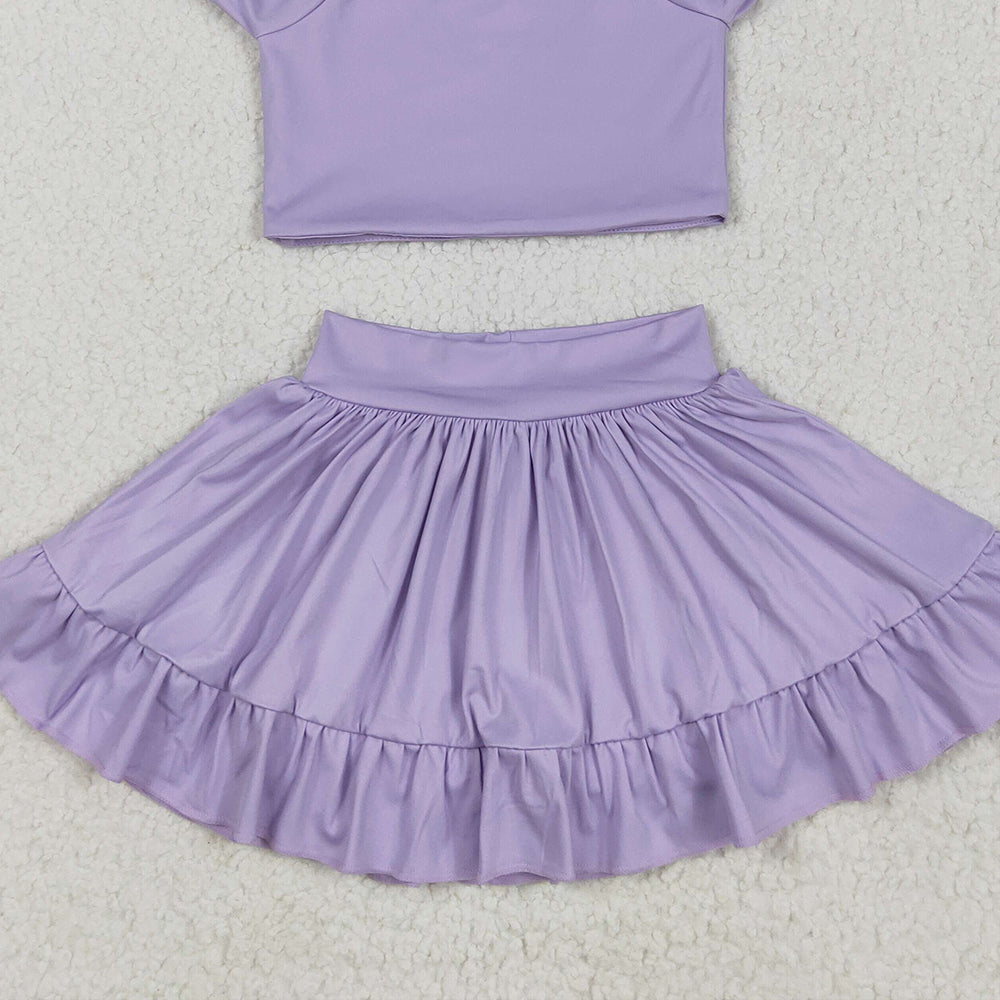 6.20 GSD2099RTS NO MOQ Baby Girls Yoga Outfits Baby Girls Lavender Short Ruffle Sleeves Top Skirt Yoga Set