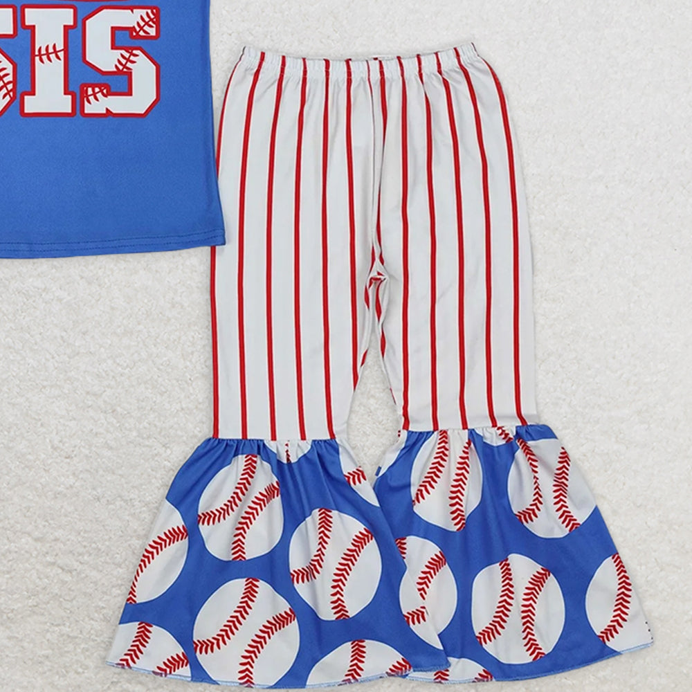 GSPO1994RTS NO MOQ Baby Girls Spring Outfits Blue Baseball Sister Top with Stripe Pants - Kids Girls Clothing Set