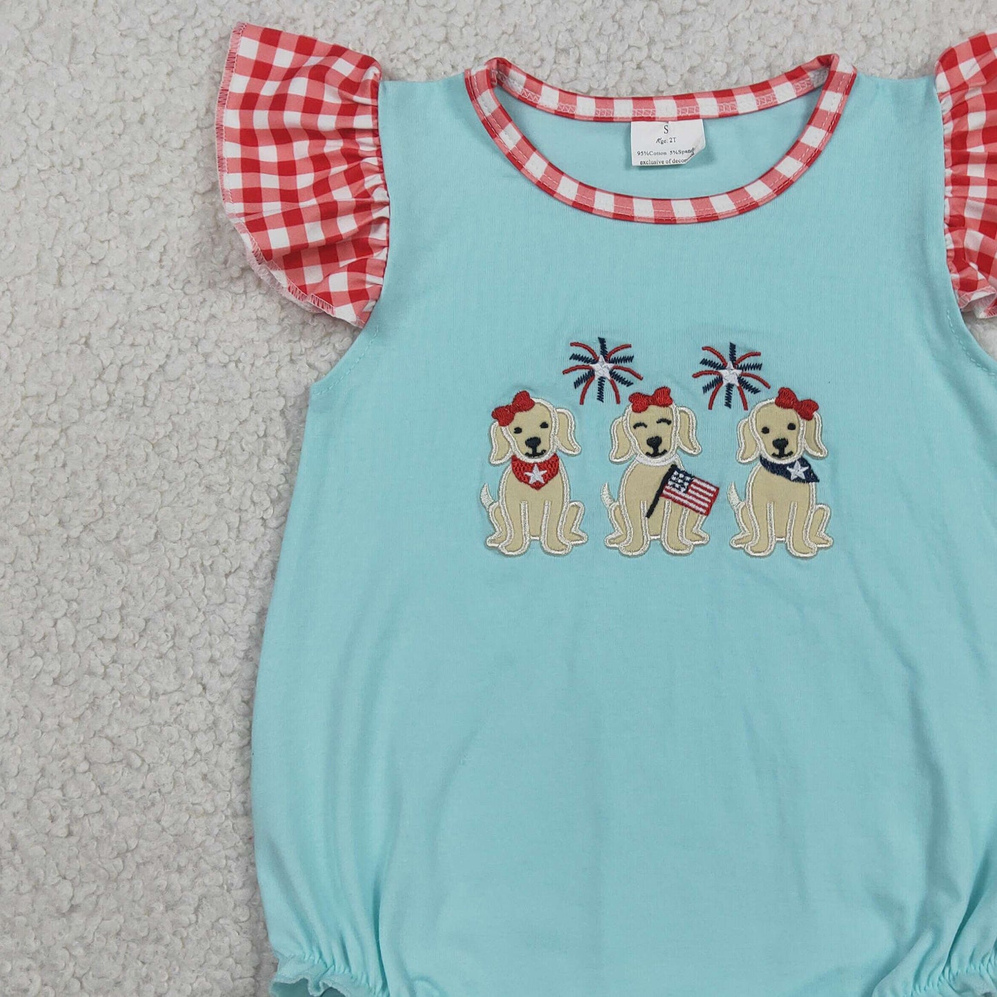 SR4051 RTS NO MOQ （In stock）Flutter sleeves flag dog embroidery girls 4th of july romper