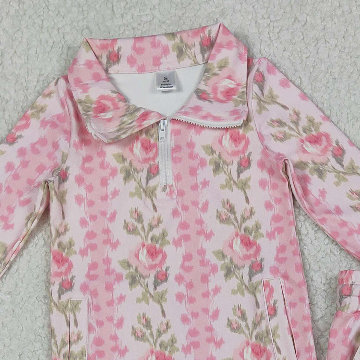 12.8 RTS NO MOQ （In stock）GLP2940 Baby Girls Pink Flowers Stripe Pockets Zipper Pullovers Jogger Yoga Active Clothes Set