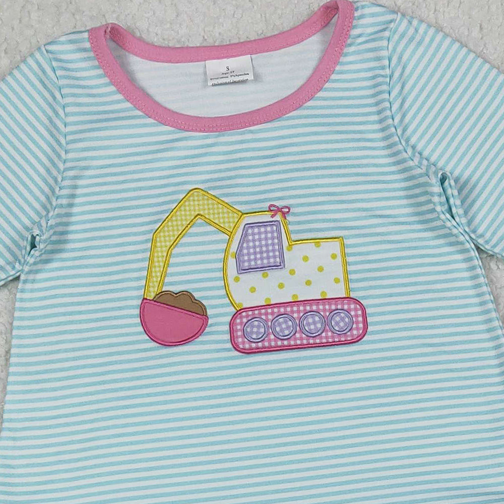 RTS NO MOQ （In stock）GLP2466 Baby Girls Winter Outfits Blue Stripe Long Sleeves Excavator Tunic Pink Legging Pant Set