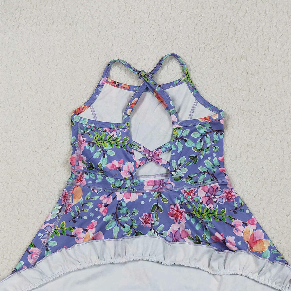 6.03 GSD2279 RTS NO MOQ Baby Girls Summer Yoga Dress  Baby Girls Purple Strap Floral Yoga Ruffle Knee Length Dresses