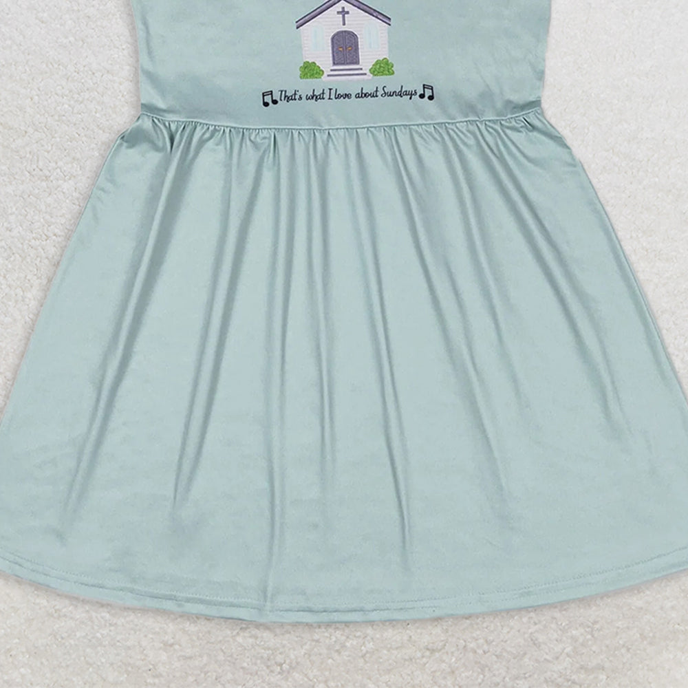 GSD1156 RTS NO MOQ Baby Girls Summer Dress Church letter blue green flying sleeve dress