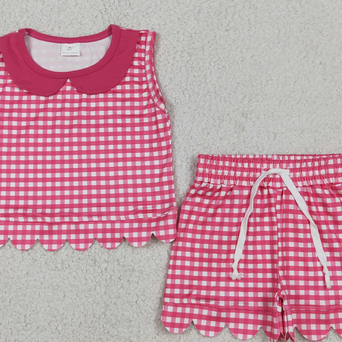 GSSO3395 RTS NO MOQ （In stock）Sleeveless hot pink plaid scallop top shorts girls outfits