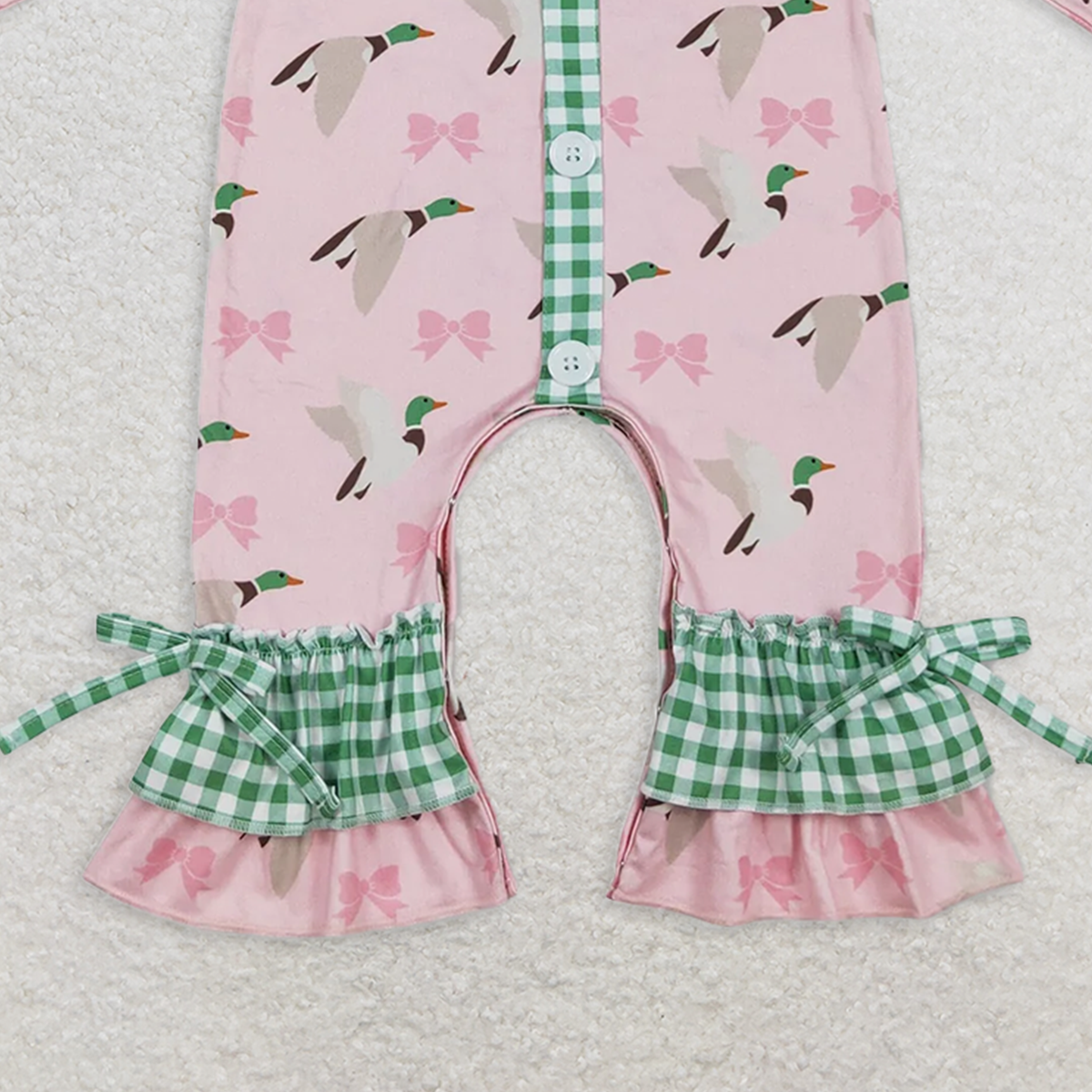LR1689RTS NO MOQ Baby Girls Winter Rompers Green plaid ruffle duck bow baby girls romper