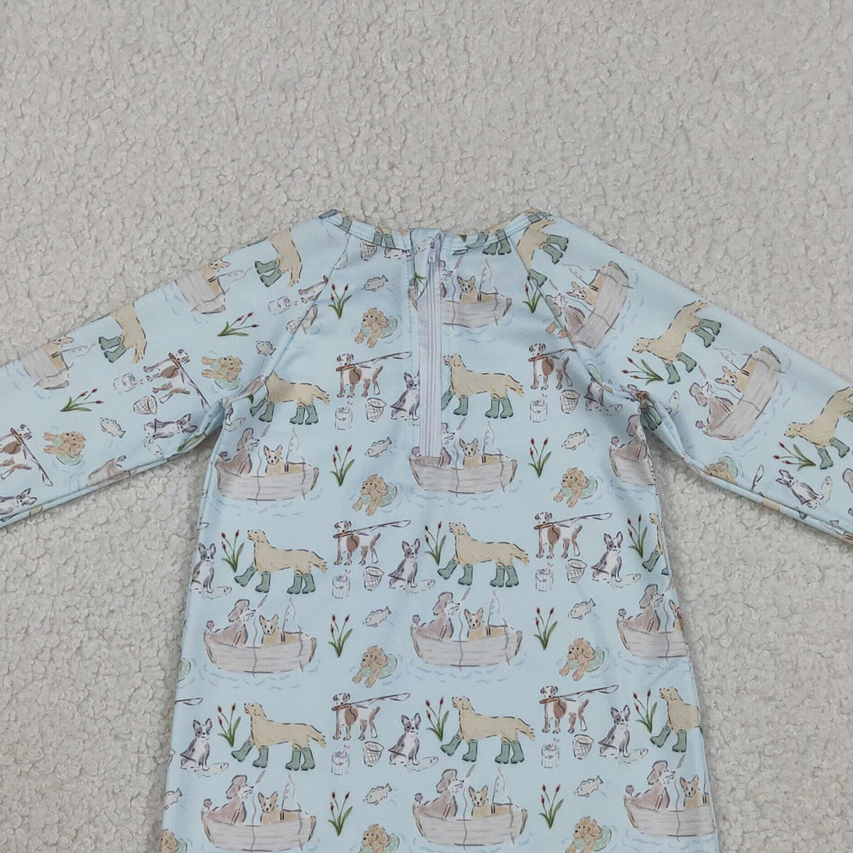 3.26 RTS NO MOQ （In stock）S0701 Children's Fashion Romper Baby Boys Long Sleeve Blue Dogs Fishing Back Zipper Hunting Swimsuits