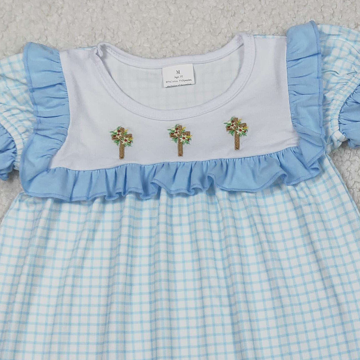 12.9 RTS NO MOQ （In stock）GSSO2718 Embroidery Crosses Baby Girls Blue Checked Tunic Ruffle Shorts Easter Clothes Sets