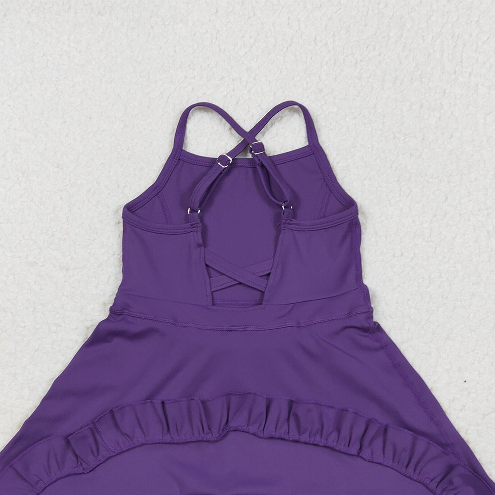 USA Shop (in stock) S0554RTS NO MOQ Baby Girls Summer Yoga Dress Purple straps ruffle baby girls summer active wear