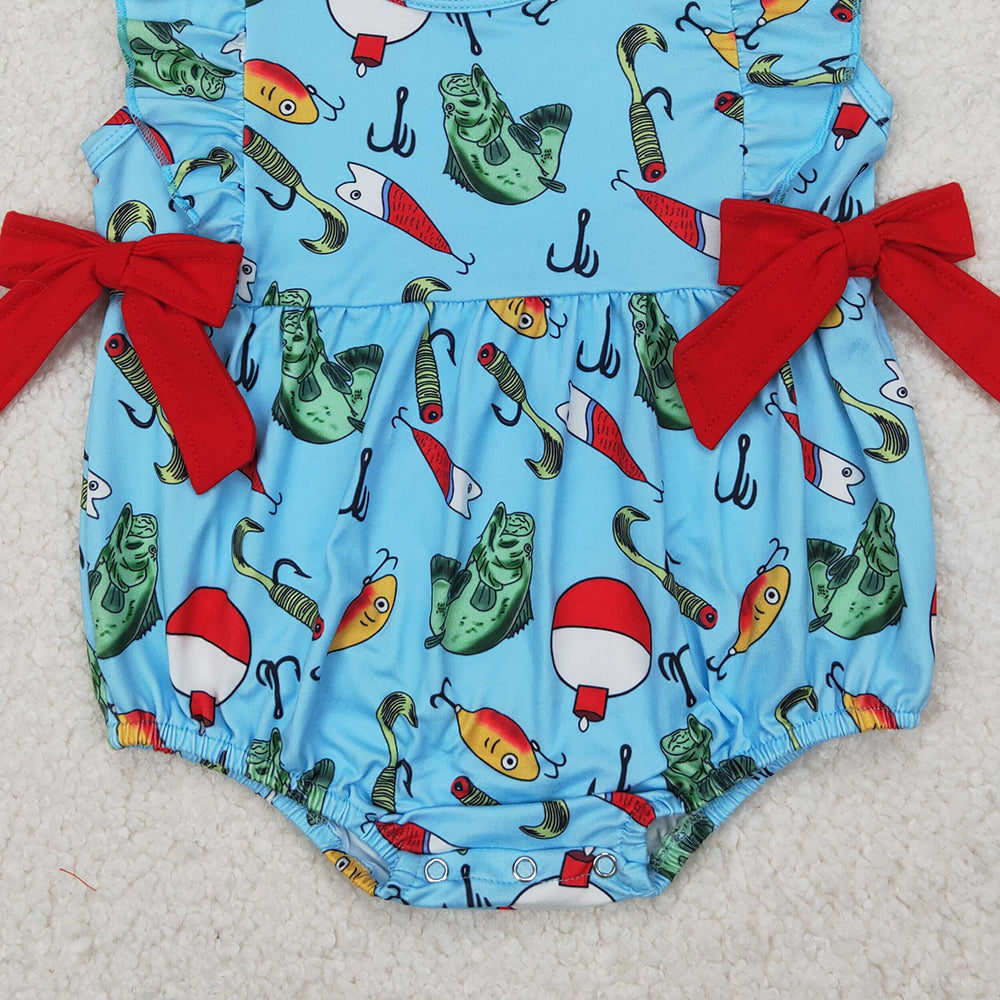 4.08 SR2708 RTS NO MOQ Baby Girls Summer Romper Blue Sleeveless Red Bows Top Fishes Hunting Rompers