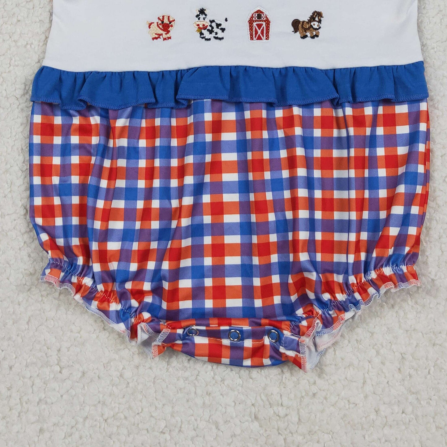 SR3835 RTS NO MOQ （In stock）Blue ruffle farm embroidery plaid baby girl romper