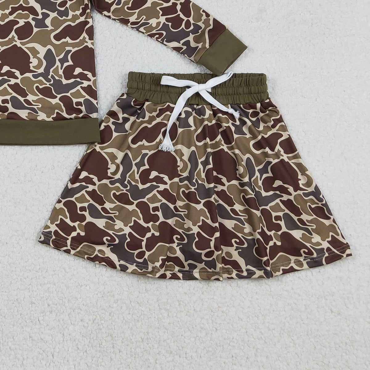 12.23 RTS NO MOQ （In stock）GLD1479 Baby Girls Brown Camo Long Sleeve Skirts Shorts Hunting Clothes Sets