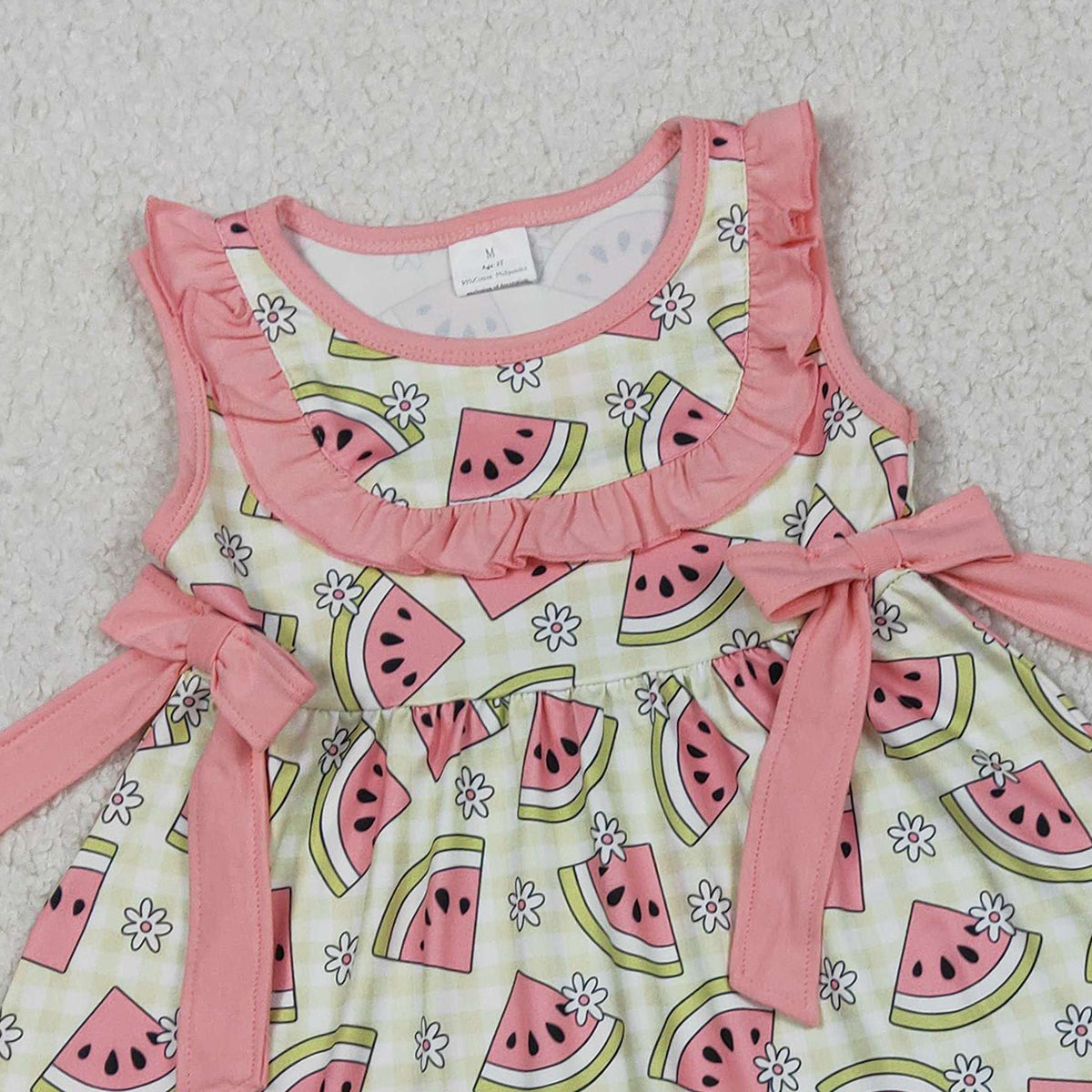 2.4 RTS NO MOQ （In stock）GSSO3118 Baby Girls Green Checked Flowers Watermelons Tunic Ruffle Shorts Clothes Sets