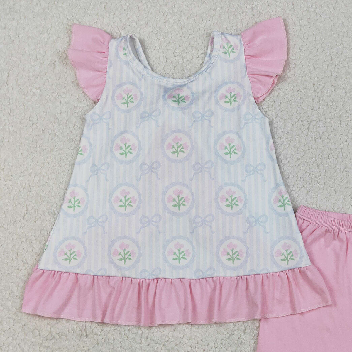 12.6 RTS NO MOQ （In stock）GSSO2732 Baby Girls Flowers Stripe Back Bows Tunic Ruffle Shorts Clothes Sets