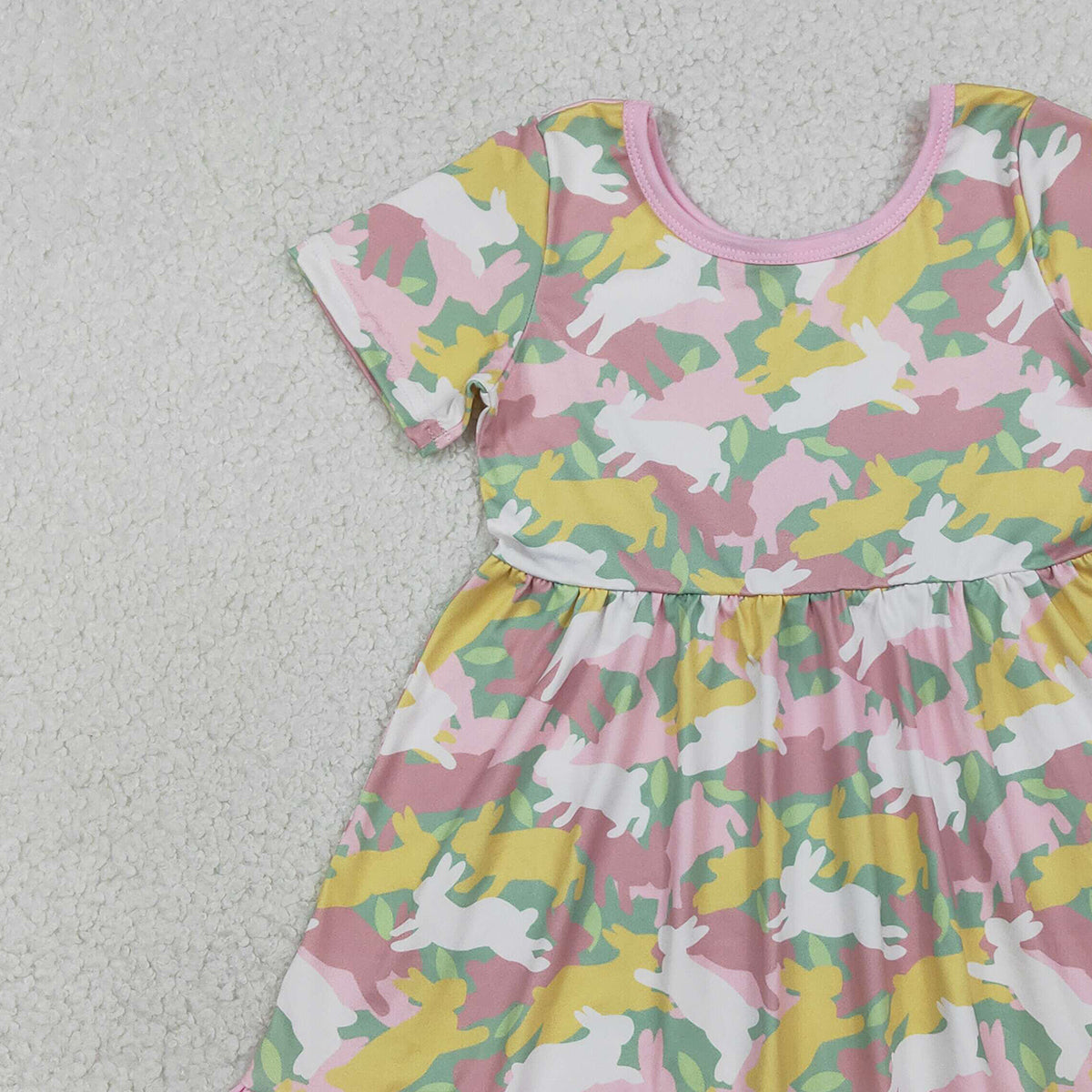 1.14 RTS NO MOQ （In stock）GSD3286 Baby Girls Short Sleeve Rabbits Camo Easter Ruffle Knee Length Dresses