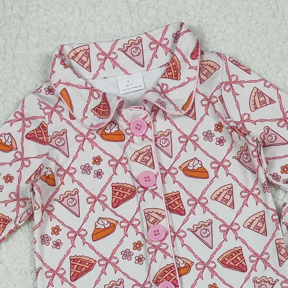 RTS NO MOQ （In stock）GLP2738 Baby Girls Winter Outfits Bows Flowers Pie Checked Button Top Pant Thanksgiving Pajamas Set