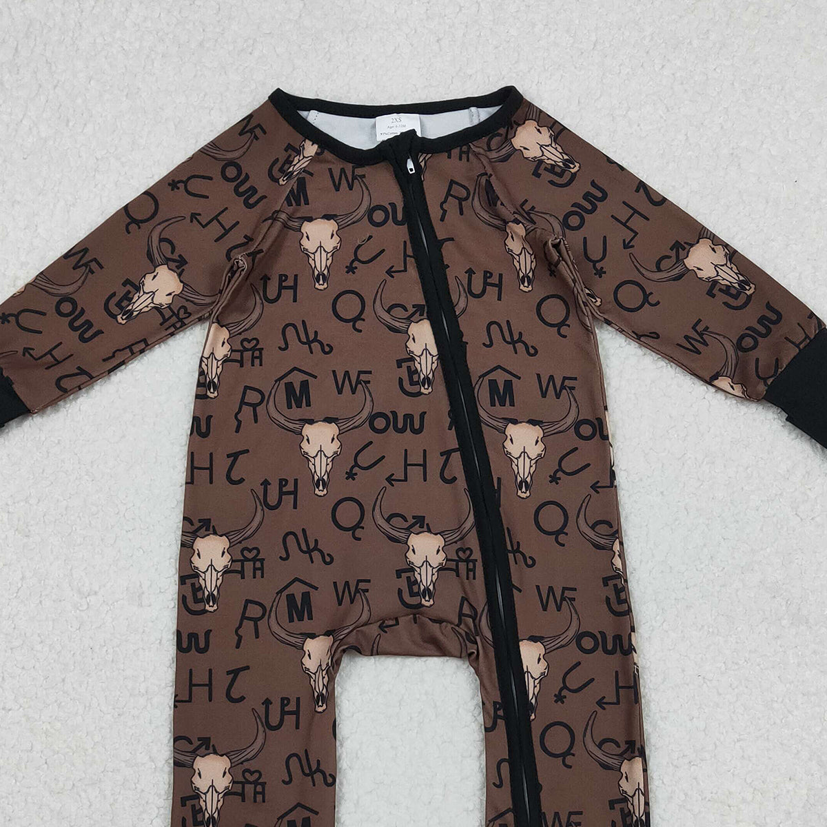 11.8 RTS NO MOQ （In stock）LR2591 Baby Boys Winter Rompers Baby Boys Brown Bull Skulls Western Two Way Zipper Convertible Rompers
