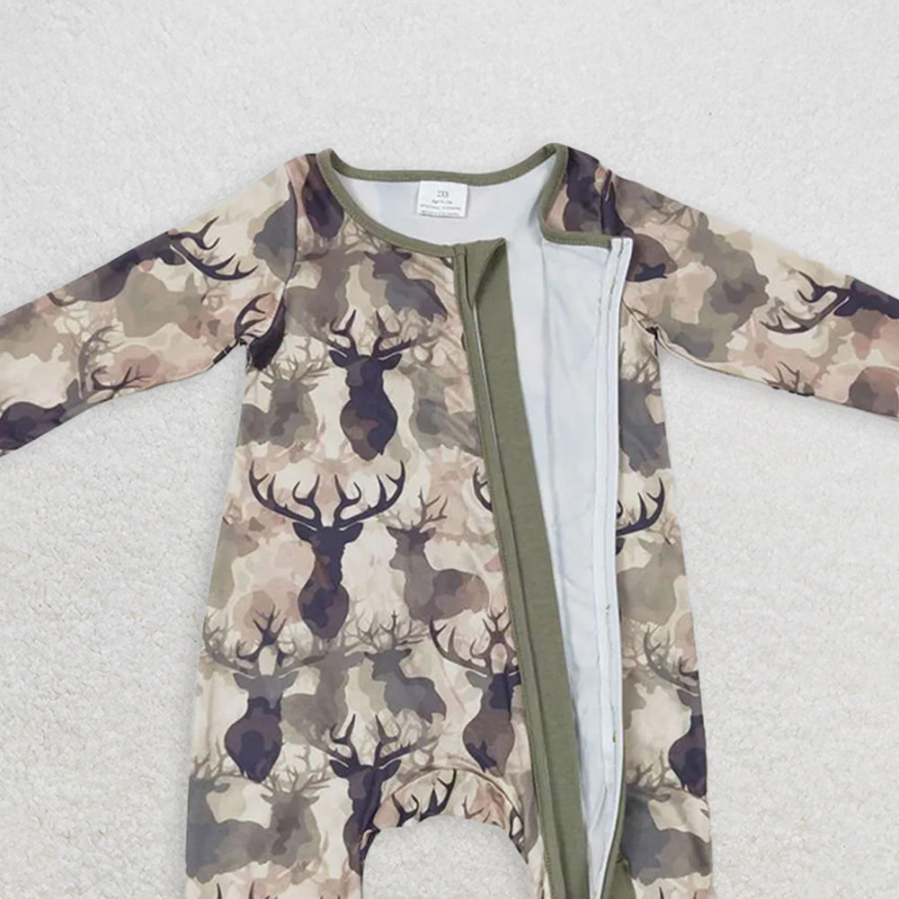 USA Shop (in stock)LR0661RTS NO MOQ Baby girls Winter Rompers Deer camo long sleeves ruffle baby girls zipper romper