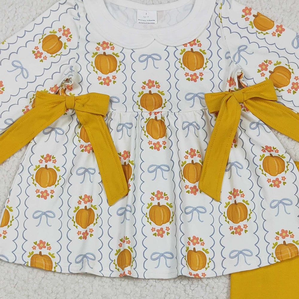8.23 RTS NO MOQ （In stock）GLP2554 Baby Girls Winter Outfits Baby Girls Yellow Pumpkins Bows Plaid Tunic Ruffle Pant Fall Set