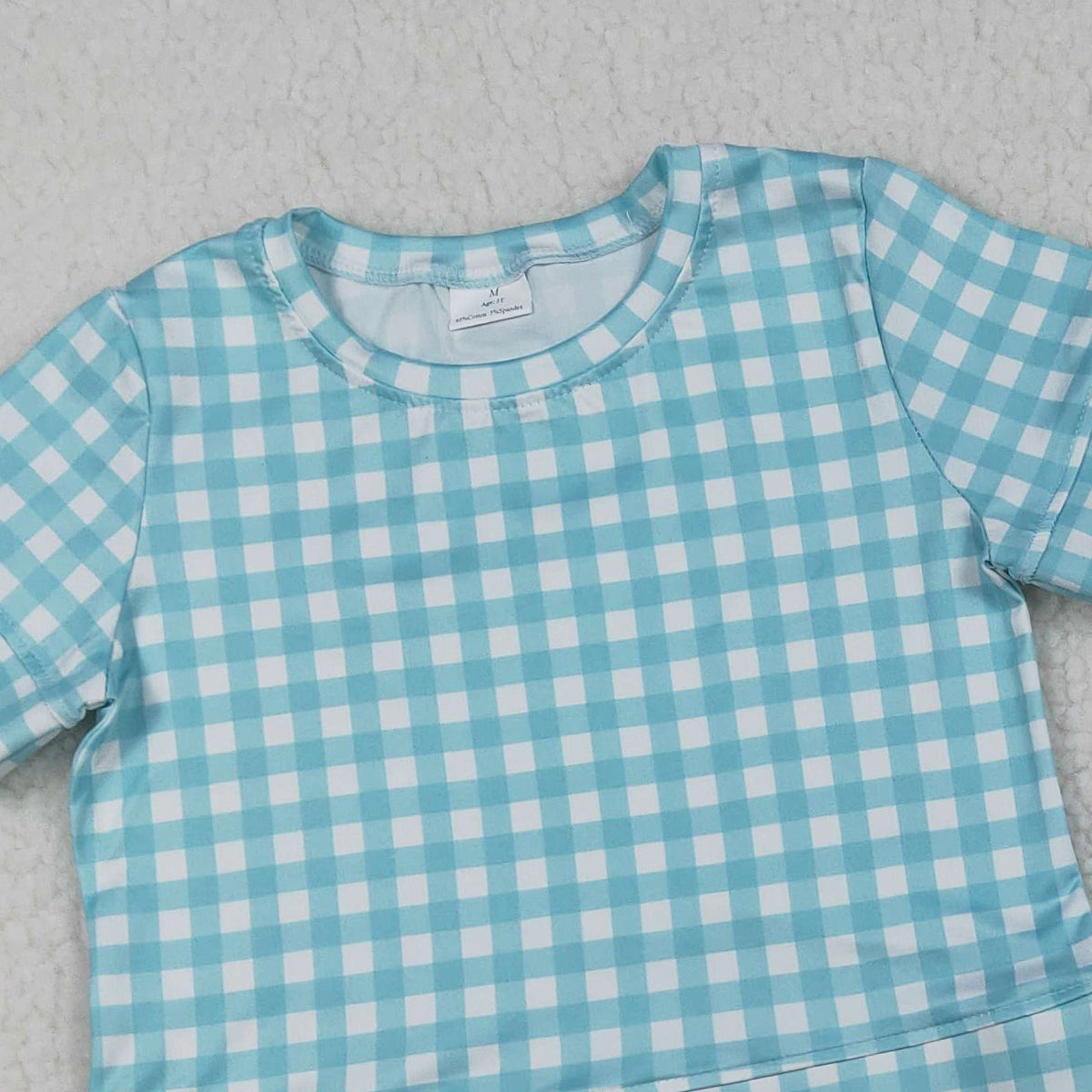 3.25 RTS NO MOQ （In stock）GSSO3190 Kids Clothing for Baby Girls Short Sleeve Blue Checked Shirts Top Scallop Shorts Clothes Sets