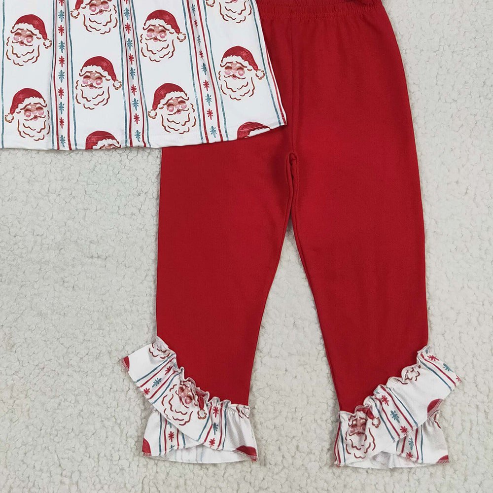 RTS NO MOQ （In stock）GLP2500 Baby Girls Winter Outfits Baby Girls Red Christmas Santa Stripes Tunic Ruffle Legging Pants Sets