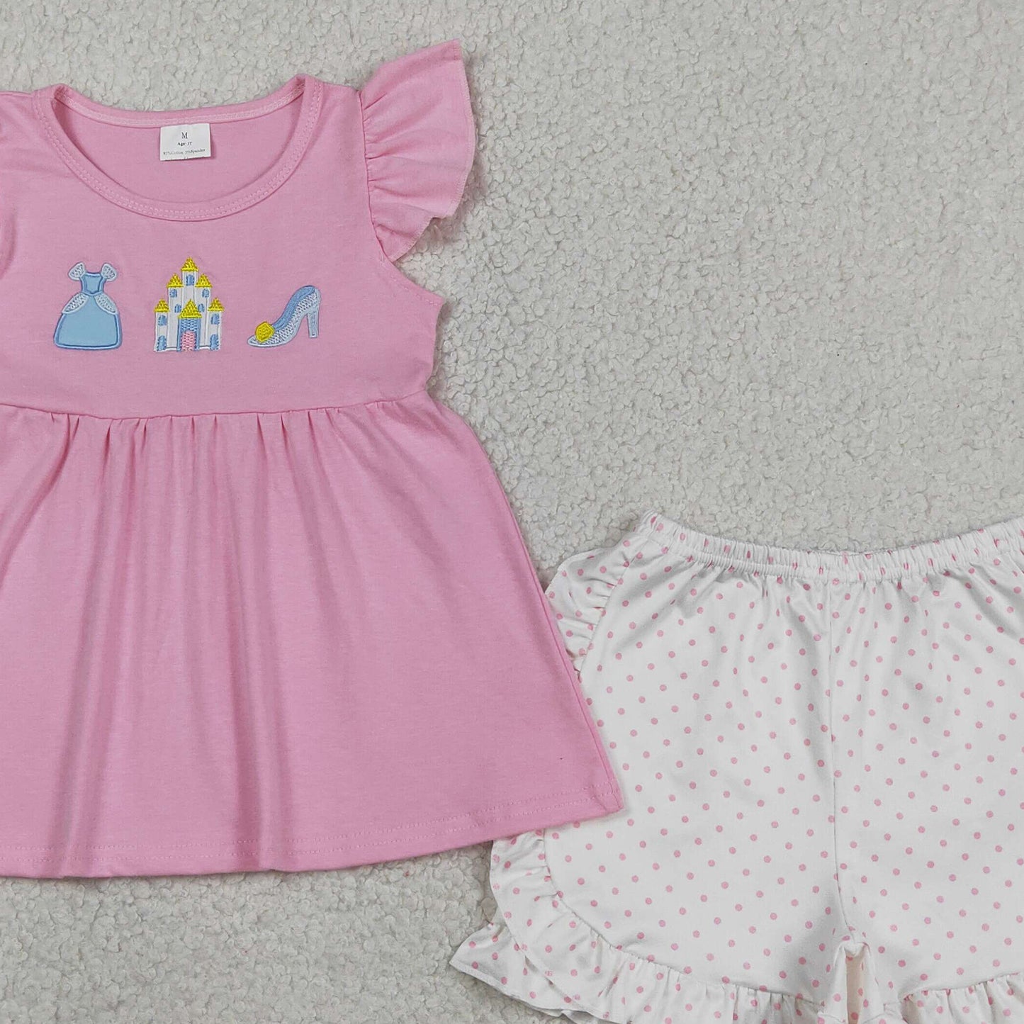 GSSO1186 RTS NO MOQ （In stock ）Embroidery Princess Baby Girls Flutter Sleeve Tunic Ruffle Shorts Clothes Sets