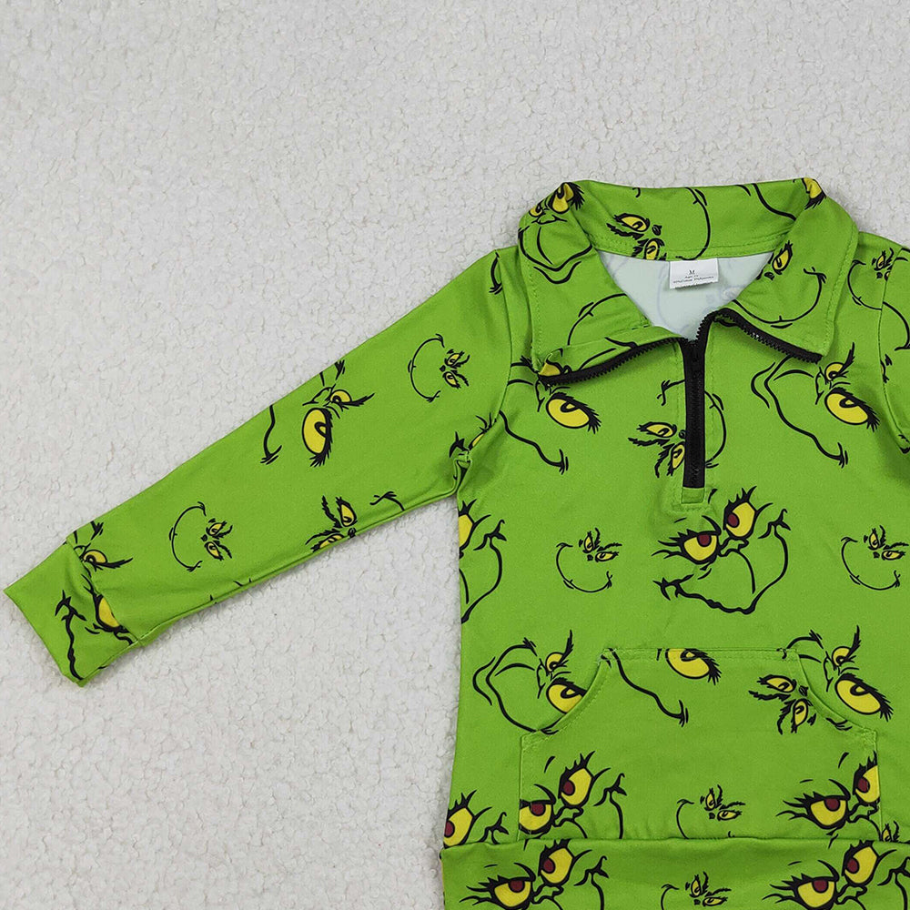 RTS NO MOQ （In stock）GT1170 Baby Girls Long Sleeve Tops Green Face Pockets Zipper Christmas Pullovers Tops